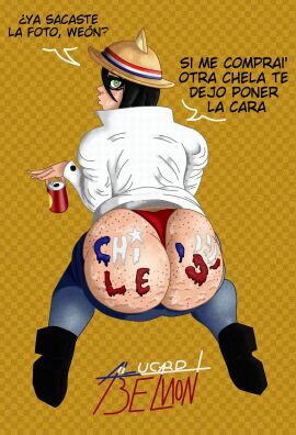 1girls alu-chan alucard_belmont artist_signature ass bare_ass bbw beer beer_can big_ass big_butt bikini_bottom black_hair bodypaint cellulite chile chilean_flag female female_only freckles freckles_on_ass glasses green_eyes jeans looking_at_viewer pants_down plump pov short_hair simple_background simple_shading sole_female spanish_text spank_marks straw_hat sweating talking_to_viewer text