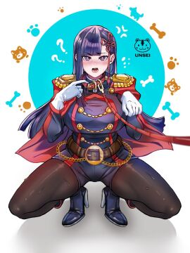 ? animal_collar anti-demon_corps_uniform black_hair black_pantyhose blush breasts cape collar confused female gloves high_heels holding holding_leash large_breasts leash long_hair long_sleeves looking_at_viewer mato_seihei_no_slave military military_uniform open_mouth pantyhose pet_play pointing pointing_at_self pov purple_eyes red_cape sidelocks simple_background squatting teeth thighband_pantyhose thighs tongue uniform unseiart white_background white_gloves yamashiro_ren