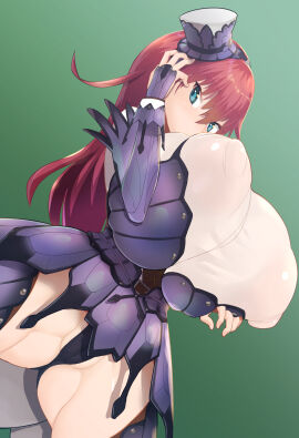 1girls blue_eyes breasts female gigantic_breasts hat histamine_c huge_breasts looking_at_viewer nipple_bulge nipples nipples_visible_through_clothing original partially_visible_vulva pussy red_hair simple_background solo thick_thighs thighhighs