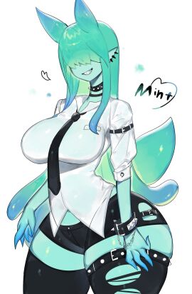 1girls accessory bangs bangs_over_eyes big_breasts black_thighhighs booty_shorts breasts choker clothed clothing collar covered_eyes ear_piercing female female_only green_body green_hair hair_between_eyes hair_over_eyes hi_res humanoid long_hair monster_girl necktie original original_character piercing pointy_ears sharp_teeth shirt short_shorts shorts sleeves_rolled_up smile smiling solo spikes thick_thighs thighhighs thighs tie toge77789 togetoge torn_clothes white_background white_shirt