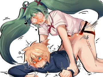1boy 1girls @_@ anal anal_sex blonde_hair blue_hair blush coke-bottle_glasses confessions_of_a_rotten_girl_(vocaloid) female female_penetrating female_penetrating_male femdom fujoshi fujoshi_miku glasses hatsune_miku heart hetero himedanshi kagamine_len male male_penetrated mioskak mv_character pegging plus_danshi_(vocaloid) strap-on strapon vocaloid