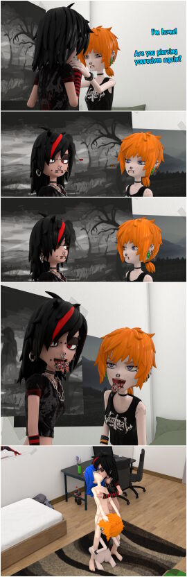 3d 3d_model 3girls black_hair blender_(software) blue_eyes blue_hair carmen_(dimmrong) choker dimmrong eidie_(dimmrong) emo excessive_piercings extreme_piercing eyelashes eyeliner eyeshadow female female/female female_only forked_tongue freckles french_kiss french_kissing gauge_piercing gauged_ear gauged_tongue ginger goth goth_girl green_eyes heidi_(dimmrong) licking_pussy linked_piercings lip_piercing naked naked_female nose_piercing nose_ring nude nude_female open_mouth oral orange_hair original pale-skinned_female pale_skin partially_clothed petite piercing piercing_fetish piercings plastic_choker ponytail punk punk_girl punk_hair pussy red_eyes short_hair skinny slim spiked_bracelet split_tongue teenage_female teenager threesome tongue tongue_out tongue_piercing tongue_ring uvula_piercing young yuri