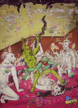 anthro balls balls_tuft bandage bandaged_arm bandana belly_tuft blue_eyes bodily_fluids bone bovid caprine cephalopod chest_tuft clone coleoid cum cum_everywhere cum_inside cum_manipulation digital_media_(artwork) ear_piercing ear_ring ejaculation erection excessive_cum excessive_genital_fluids facial_hair fangs floor foreskin fur genital_fluids genitals glyphs goat goatee green_body green_fur group group_sex hand_on_floor hi_res hooves horn inside jewelry kerchief kneeling looking_at_another looking_at_viewer lying lying_on_ground magic magic_user male male/male mammal marine markings messy mollusk multi_eye multicolored_body necklace nipples octopodiform octopus on_back on_ground orgasm orgasm_face orgy paper penis piercing pinned pupils purple_eyes ring_piercing ritual ritual_sex robyn_crawford runes sex static tail teeth tentacle tongue transformation transformation_through_sex tuft uncircumcised unguligrade unknown_species unusual_anatomy unusual_eyes unusual_pupils unusual_tongue vampire veil vein veiny_penis were white_body white_fur wispypie wood wood_floor