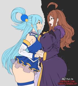 2girls ahoge aqua_(konosuba) ass big_breasts blue_eyes blue_hair breasts brown_eyes brown_hair cropped_legs curvy detached_sleeves dress english_commentary female female_only flat_color frown height_difference huge_ass huge_breasts kono_subarashii_sekai_ni_shukufuku_wo! large_breasts long_hair long_sleeves looking_at_another multiple_females multiple_girls open_mouth purple_robe red_dress robe skindentation smile smug standing sweatdrop tagme teeth thegoldensmurf thick_thighs thighhighs thighs twitching upper_teeth very_long_hair white_thighhighs wiz_(konosuba) yuri