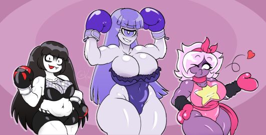 1_eye 3girls big_breasts big_thighs black_boxing_gloves black_gloves black_hair blowing_kiss blown_kiss boxer boxer_girl boxing_gloves breasts chikin_(artist) chubby chubby_female cleavage curvy cyclops cyclops_girl female female_focus female_only flex flexing flexing_bicep flexing_both_biceps gloves heart huge_breasts large_breasts long_hair monster_girl multiple_females multiple_girls navel original original_character original_characters ornea_(waifuwars) pink_boxing_gloves pink_gloves pink_hair plump purple_eyes short_hair simple_background thick thick_thighs thighs tongue tongue_out trio violet_boxing_gloves violet_gloves violet_hair wide_hips