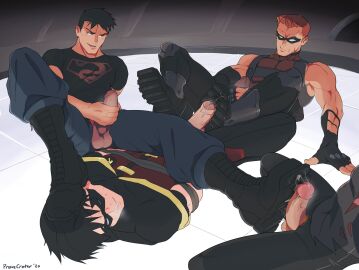 arsenal_(dc) balls batman_(series) captured conner_kent cum cumming dc dc_comics dick_grayson domino_mask erect_penis erection foot_fetish foot_play footjob gay green_arrow_(series) jacking_off kon-el male male_focus male_only mask masked masked_male masturbation muscular muscular_male penis precum pronzcrater robin_(dc) robin_(dick_grayson) robin_(young_justice) roy_harper superboy superboy_(conner_kent) superboy_(young_justice) superman_(series) tied_up veiny_penis yaoi young_justice