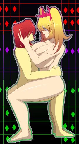 1boy 1girls big_breasts blindfolded breasts close eyes_covered female golden_hair hand_on_head kissing male naked naked_female naked_male red_hair saliva saliva_trail stefany_(thebenja05) tongue tongue_kiss tongue_out twintails yazu_(artist) yazuel_aliel zixy_oc