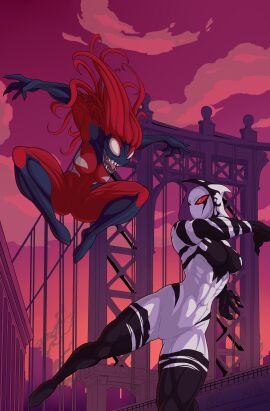 2girls abs abs_visible_through_clothing anti-venom athletic athletic_female belly_button big_breasts breasts calf_muscles city_background clawed_fingers female female_only fit fit_female gwen_stacy gwenom imminent_fight living_clothes marvel marvel_comics monster_girl multiple_females multiple_girls muscles muscular muscular_arms muscular_female muscular_legs muscular_thighs navel_visible_through_clothes oc original_character red_body red_tentacles six_pack spider-gwen spider-man:_across_the_spider-verse spider-man:_into_the_spider-verse spider-man_(series) superhero superhero_costume superheroine symbiote tacticoolmofo teeth tentacle_hair white_body