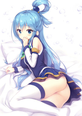 1girls aqua_(konosuba) ass bare_shoulders big_breasts blue_eyes blue_hair blush breasts detached_sleeves embarrassed feet female female_only goddess kono_subarashii_sekai_ni_shukufuku_wo! long_hair lying no_panties on_side ponytail skirt solo thighhighs thighs tomifumi white_thighhighs zettai_ryouiki