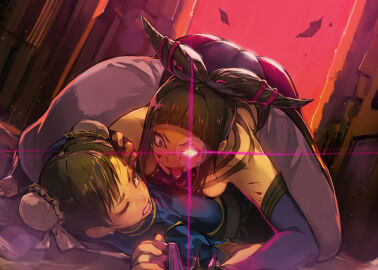2girls ass black_hair blood_on_face blunt_bangs bracelet capcom catfight chinese_clothes chun-li defeat double_bun drill_hair duplicate evil_smile female glowing glowing_eye hair_bun hide_(hideout) holding_another's_wrist jewelry juri_han lens_flare licking_lips looking_at_another lying multiple_females multiple_girls on_back one_eye_closed pinned purple_eyes smile spiked_bracelet spikes street_fighter street_fighter_iv_(series) swept_bangs tongue tongue_out top-down_bottom-up twin_drills you_gonna_get_raped