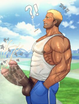!? 1boy adam's_apple balls bandaid bandaid_on_face bandaid_on_nose bara beard_stubble biceps blonde_hair blue_pants blurry blurry_background bracelet brown_eyes censored cigarette coco342 covered_abs cum dark_penis ear_piercing earrings ejaculation erection eyebrow_cut facial_hair foreskin foreskin_pull gradient_hair hand_in_pocket handsfree_ejaculation highres huge_cock jewelry korean_text large_pectorals large_variant_set male male_focus male_only male_pubic_hair multicolored_hair muscular muscular_male mustache_stubble nipples original outdoors pants pectorals penis penis_out piercing pubic_hair scar scar_on_arm scar_on_face short_hair sidepec solo stubble tank_top testicles track_pants translation_request uncircumcised variant_set veins white_tank_top yaoi