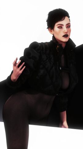 3d 3dcg aurore_cassel big_breasts breasts cd_projekt_red cyberpunk_2077 cyberpunk_2077:_phantom_liberty female female_only fishnet fishnet_clothing fishnets game_cg light-skinned_female light_skin piesel_(artist) pixie_cut red_hair short_hair solo yellow_eyes