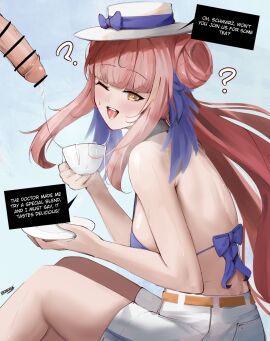 1girls 2024 arknights censored ceylon_(arknights) cum drinking_cum english_text eroborne female hi_res hypnosis light-skinned_female light_skin long_hair pink_hair simple_background sitting smile solo swimsuit swimwear tea text tongue tongue_out yellow_eyes