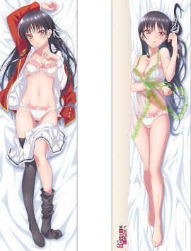 bare_arms bare_belly bare_legs bare_shoulders bare_thighs barefoot bed_sheet belly_button black_hair black_thighhighs blush bra breasts classroom_of_the_elite cleavage collarbone dakimakura dakimakura_design feet female horikita_suzune long_hair lying medium_breasts nightgown official_art open_jacket open_mouth panties red_eyes school_uniform single_thighhigh skirt_down strap_slip thighhighs thighs toes underwear underwear_only white_bra white_panties white_underwear