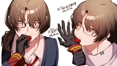 clothed dante_(limbus_company) glasses gregor_(limbus_company) japanese_text licking licking_hand limbus_company male pov pov_eye_contact project_moon yaoi