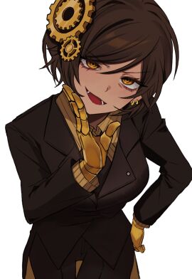 brown_body female limbus_company mechanical mechanical_arm menodow390 not_porn outis_(limbus_company) project_moon smug suit suit_and_tie tan_body