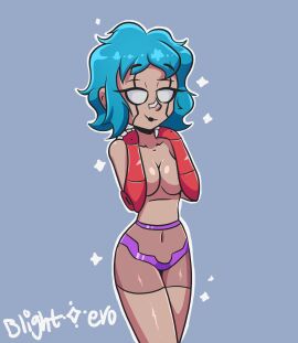 1girls arms_covering_nipples artist_name barely_covered blightstar blue_hair breast_squeeze breasts chrome_eyes cleavage ear eyebrows eyebrows_visible_through_hair facial_markings female female_only half-closed_eyes hand_on_shoulder lipstick metal_arm nose_bandage oc original original_character red_arms robot_arm sheer_panties short_hair sideboob smile solo standing tan_body topless