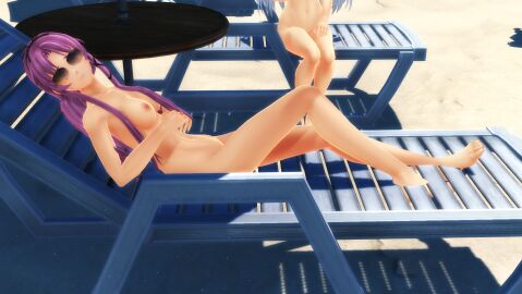 3d beach breasts eiyuu_densetsu female kuro_no_kiseki medium_breasts nude nude_female purple_hair renne_bright sunglasses_on_head