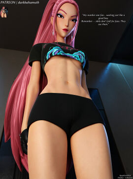 3d 3d_(artwork) belly crop_top darkbahamuth dominant female kpop_demon_hunters looking_down midriff mira_(kpop_demon_hunters) pinup shorts tight_clothing underboob
