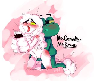 2016 6_nipples ass_blush blush blush_lines butt_blush cartoon_network colored cuntboy cuntboy/male curly_hair elbow_blush finger_fuck frog frog_humanoid from_behind green_body hand_on_hip hands_tied intersex kmf97 knee_blush long_hair looking_at_another looking_at_partner looking_up male male/cuntboy masturbating_other masturbation mr._corneille mr._small multi_nipple on_knees one_eye_closed open_mouth pussy pussy_juice shoulder_blush simple_background tawog text the_amazing_world_of_gumball tied_hands tongue tongue_out vagina vaginal_fluids vaginal_masturbation vaginal_penetration white_body white_hair