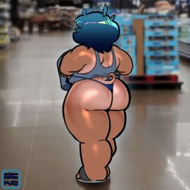 ass back_to_viewer big_ass big_butt blue_hair blurry_background breasts cheeked_up chubby chubby_female curly_tail curvy_figure dckiq female in_public in_walmart kiqki_(dckiq) large_breasts photo_background pig_tail public pulling_thong pulling_thong_up pulling_up_thong sandals scantily_clad slippers tail tan_lines tan_skin tank_top thicc thick_thighs thong walmart