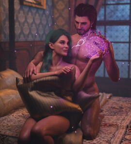 1boy 1girls 3d 3d_(artwork) 3d_model baldur's_gate baldur's_gate_3 beard brown_hair commission dungeons_and_dragons elf_female female female/male forgotten_realms gale_dekarios green_hair in_love interspecies interspecies_relationship intimate loving_gaze mahtsazizi male male/female naked naked_male no_visible_genitalia nude nude_male original_character pillows romantic romantic_ambiance romantic_couple sensual sorcery straight tasteful_nudity tav_(baldur's_gate) tav_(baldur's_gate)_(female)