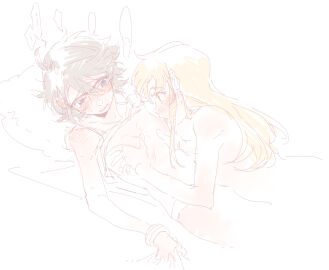 2girls brown_hair chinese_commentary clothes_lift commentary completely_nude female highres jiguang_haibao koishikawa_iko licking licking_nipple long_hair momijiyama_teru multiple_females multiple_girls nipple_stimulation nude panties shirt_lift short_hair shy_(series) underwear white_panties yuri