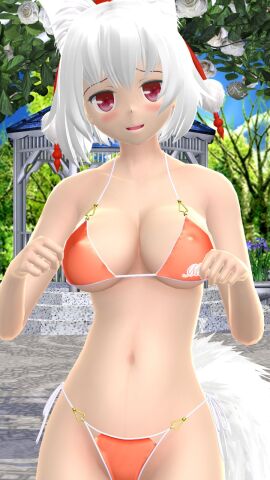 1girls 2023 3d arms_up belly_button bikini blue_sky blush breasts canine_humanoid clavicle cleavage cloud female garden gesture hat hati_yukkuri_mmd headwear hips jpeg kemonomimi light-skinned_female light_skin looking_at_viewer mmd momiji_inubashiri open_mouth orange_bikini outdoors red_eyes short-haired_female sky solo_female solo_focus swimsuit tengu tokin_hat touhou trees waist white-haired_female white_wolf wolf_ears wolf_tail