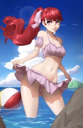 1girls absurdres artist_name ball_(object) beachball bikini bikini_skirt blue_sky breasts cloud collarbone commentary english_commentary female floating_hair frilled_bikini frills grin hair_ribbon highres kasumi_yoshizawa lips long_hair looking_away medium_breasts navel ocean outdoors parted_lips partially_submerged persona persona_5 persona_5_royal pink_bikini pink_lips pink_ribbon pink_skirt ponytail red_eyes red_hair ribbon skirt skirt_hold sky smile solo stomach sumire_yoshizawa sumire_yoshizawa_(swimsuit) sunlight swimsuit water x_xith_x
