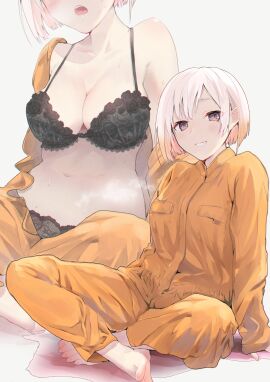 1girls absurd_res absurdres adult adult_female arm_support arms_behind_back bare_armpits bare_belly bare_chest bare_hands bare_navel bare_shoulders bare_soles barefoot belly belly_button black_bra black_panties black_underwear blush blush_lines blushing_at_viewer blushing_female bra breasts cleavage clothed clothed_female collarbone crossed_legs dot_nose embarrassed_female exposed exposed_armpits exposed_arms exposed_belly exposed_feet exposed_heels exposed_shoulders exposed_toes feet female female_focus female_only fingers frilled_bra frilled_panties frilled_underwear front_view full_body grey_eyes grin half_naked hand_on_floor hand_on_ground hands_behind_back head_tilt high_resolution highres hourglass_figure jacket knees lace_bra lace_panties lace_underwear laced_bra laced_panties laced_underwear leg_wear legs legs_crossed light-skinned_female light_skin looking_at_viewer mature_female medium_breasts medium_hair multiple_views naked naked_female navel nude nude_female open_mouth orange_jacket orange_pants orange_topwear original original_art original_artwork original_character panties pants parted_bangs parted_lips short_hair shoulders simple_background sitting slender_body slender_waist slim_female slim_waist smile smiling_at_viewer soles solo thin_waist tilted_head toenails toes tomozero tongue topwear underboob underwear upper_body upper_teeth white-haired_female white_background white_eyebrows white_hair wide_hips