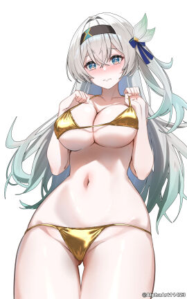 1girls absurdres alphaart bare_shoulders bikini black_bow black_hairband blue_eyes blush bow breasts collarbone cowboy_shot embarrassed female female_focus female_only firefly_(honkai:_star_rail) gold_bikini golden_bikini gradient_hair green_hair grey_hair groin hair_between_eyes hairband hairbow highres honkai:_star_rail honkai_(series) large_breasts looking_at_viewer multicolored_hair navel simple_background solo solo_female solo_focus stomach swimsuit tearing_up thigh_gap twitter_username white_background