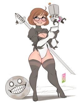 1girls boots cartoon_network crossover female female_only glasses hanna-barbera high_heels high_heels_boots leotard nier nier:_automata nier_(series) scooby-doo short-haired_female short_hair solo solo_female solo_focus sword tagme tomphelippe velma_dinkley warner_brothers weapon wellington_phelippe yorha_2b yorha_2b_(cosplay)