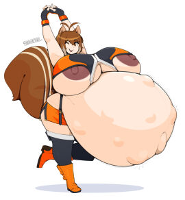 armpits blazblue blush dark_nipples fetal_movement gigantic_belly huge_areolae huge_nipples hyper_pregnancy makoto_nanaya one_eye_closed pregnant stretching zeruxu