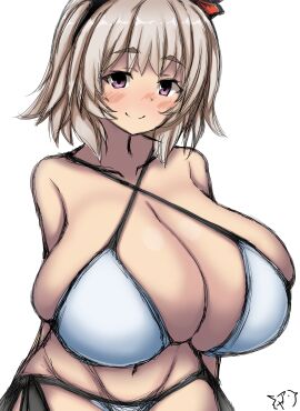 1girls alternate_breast_size aytk023 bikini blush breasts breasts_bigger_than_head bursting_breasts busty cleavage curren_chan_(umamusume) female female_only halterneck horse_ears horse_girl huge_breasts light-skinned_female light_skin looking_at_viewer massive_breasts purple_eyes short_hair smile swimsuit top_heavy umamusume umamusume_pretty_derby white_hair