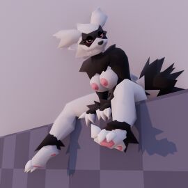 anthro bedroom_eyes black_body black_fur blender_(artwork) blender_eevee breasts claws digital_media_(artwork) drasha69 eyelashes female fur galarian_form galarian_zigzagoon generation_3_pokemon generation_8_pokemon half-closed_eyes looking_at_viewer narrowed_eyes nintendo nipples nude nude_anthro nude_female pawpads paws pokemon pokemon_(species) regional_form_(pokemon) seductive simple_background smile solo tail zigzagoon