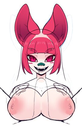 2023 4_eyes absurd_res animal_humanoid areola bandage bandage_on_face bandage_on_nose bandaid_on_nose bangs big_ears bodily_fluids breast_play breasts canid canid_humanoid digital_drawing_(artwork) digital_media_(artwork) drooling eye_through_hair eyelashes fangs female hair hi_res humanoid light_body light_face light_skin long_ears male mammal mammal_humanoid multi_eye nipple_dip nipples open_mouth open_smile paizuri partially_colored penis penis_between_breasts pink_areola pink_ears pink_eyes pink_hair pink_nipples pupils qwerty_soda saliva sex sharp_teeth simple_background slit_pupils smile solo spread_legs spreading teeth titfuck titjob translucent translucent_hair white_background