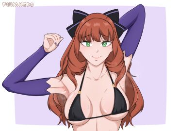 1girls 2024 2d 2d_(artwork) arm_sleeves armpits artist_name bangs big_breasts black_bra blush bra breast_apart breasts brown_hair detached_sleeves female female_only fuwamero green_eyes guinevere_(mobile_legends) human human_only light-skinned_female light_skin long_hair looking_at_viewer mobile_legends mobile_legends:_bang_bang orange_hair partially_clothed questionable realistic_breast_size smile smiling_at_viewer solo solo_female sweating sweaty_armpits upper_body violet_background white_border