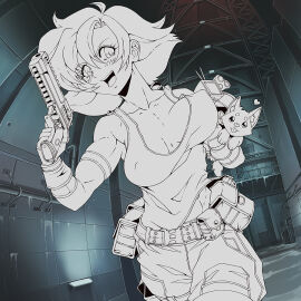 1girls ahoge athletic athletic_female bangs belt belt_pouch big_breasts blush blush_lines bouncing_breasts breasts building carrying clavicle cleavage clothing collarbone colored_background eyelashes female female_focus female_only fingerless_gloves firearm fit fit_female fully_clothed gun hair handgun holding_handgun human large_breasts medium_hair meryl_silverburgh metal_gear metal_gear_solid muscular muscular_arms muscular_female nipple_bulge no_bra open_mouth partially_colored pet pistol running shaded shirt sleeveless sleeveless_shirt slim slim_waist smiling solo solo_female solo_focus tagme tank_top tomboy weapon