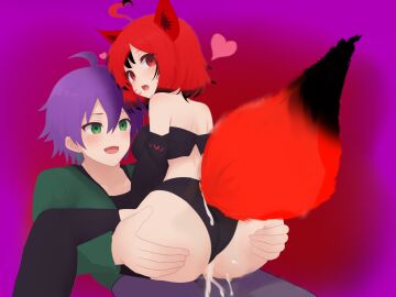 1boy 1girls cat_ears cat_tail cum cum_inside female green_eyes male nekitagamer neko oc purple_hair red_eyes red_hair riding twitch virtual_youtuber vtuber vtuberfanart vtubers