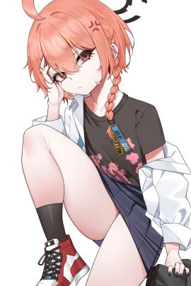 blue_archive chirpy_(artist) cleaning_&_clearing_(blue_archive) female high_resolution highres millennium_science_school_student mole_under_eye neru_(blue_archive) neru_(school_uniform)_(blue_archive) red_eyes red_hair school_uniform skirt socks thick_thighs video_game_character