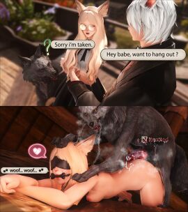 2koma after_sex before_and_after bestiality blindfold canine cheating cucked_by_beast cuckold doggy_style female feral feral_domination feral_on_female final_fantasy final_fantasy_xiv from_behind gag gpose_(ffxiv) knot miqo'te netorare ntr nude role_reversal sex tagme yuunaffnsfw zoophilia