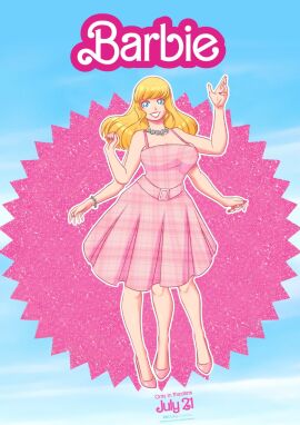 3_legs 4_arms accessworld barbara_millicent_roberts barbie_(2023) barbie_(franchise) barbie_(picnic_dress) blonde_hair blue_eyes bracelet dress female high_heels light-skinned_female multi_arm multi_leg multi_limb necklace painted_nails smile