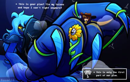 bird bird_feet bird_girl blue_hair blue_skin body_growth body_growth_(enlargement) claws female flowey_the_flower furry giantess giantess_feet macro martlet_(undertale_yellow) martlet_(zenith_form) micro nauartn paws talonjob talons undertale undertale_yellow zenith