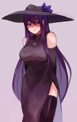 bare_shoulders breasts butterflan01 butterfly_necklace doki_doki_literature_club female hat headwear long_hair necklace purple_eyes purple_hair yuri_(doki_doki_literature_club)