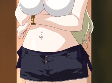 animated belly_piercing bra breasts female freckles freckles_on_face jewelry large_breasts light-skinned_female light_skin lipstick long_hair midriff necklace painted_nails resort_boin shinjou_kanae short_pants