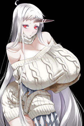 big_breasts big_claws breasts claws female horn huge_breasts kloah long_hair off_shoulder_sweater red_eyes ribbed_sweater seaport_hime shoulders_exposed tall_female white_hair