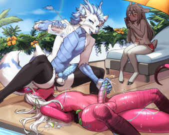 alien anal anthro antlers arms_tied balls being_watched blue_eyes blue_hair blush bodily_fluids bound bovid caprine cloven_hooves cum dragon eastern_dragon erection etis exhibitionism facesitting femboy fur genital_fluids genitals glass goat grey_hair group hair handjob hi_res hooves horn humanoid_genitalia humanoid_penis kale_grace long_hair looking_at_another male male/male mammal masturbation micah_(namiru) mythological_creature mythological_scalie mythology oral orgasm_denial outside penile penile_masturbation penis pink_body pool_chair poolside pouring_liquid rimming scalie scuted_arms scutes sex sitting_on_another sky swimming_pool tail trio viskasunya water white_body white_fur