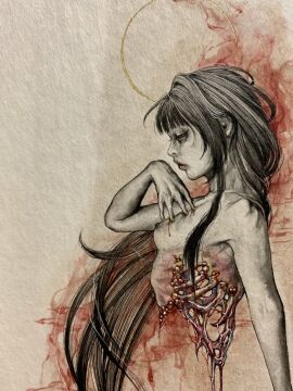 black_hair bleeding breasts commentary_request completely_nude exposed_bone expressionless female from_side gore guro highres long_hair meimaro nude original painting_(medium) profile ribs severed_torso small_breasts solo traditional_media upper_body very_long_hair