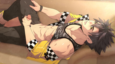 1boy black_hair blackmonkey_pro blush erect_nipples erect_penis erection grabbing_penis hand_on_penis male male_focus male_only male_pov masturbation mazjojo muscles muscular muscular_male nipples open_mouth pecs pectorals penis pink_nipples pubic_hair solo solo_focus solo_male veiny_penis yaoi yellow_eyes young younger_male