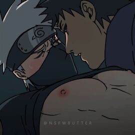 2d 2d_animation abs animated arched_back bara blush closed_eyes clothing erect_nipples gay hard_nipples hatake_kakashi head_reeled_back headband holding_waist kakashi_hatake male male_nipples male_only muscular muscular_male naruto naruto_(series) naruto_shippuden nipples nsfwbutter shirt_pulled_up shorter_than_10_seconds smile sweat uchiha_obito yaoi